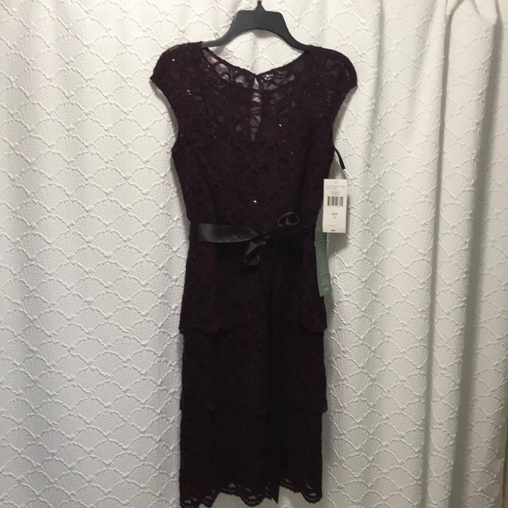 Burgundy cocktail dress.